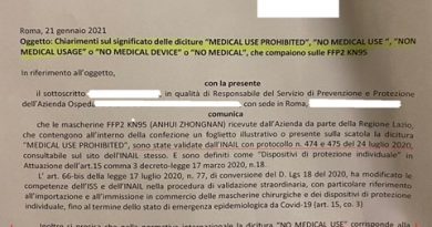 Regione Lazio: Segnalazione mascherine “Non medical usage”,  No medical device” – Diversi da (PPE) Personal Protective Equipment