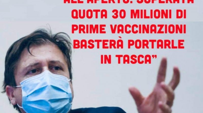 Sileri: ”Stop alla mascherina all’aperto superate 30 milioni di prime dosi di vaccino. Basterà portarle in tasca”
