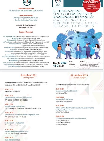 Convegno Opi Taranto: “Dichiarazione stato di emergenza nazionale in sanità: quali scenari tra obblighi, etica e tutela della salute pubblica”
